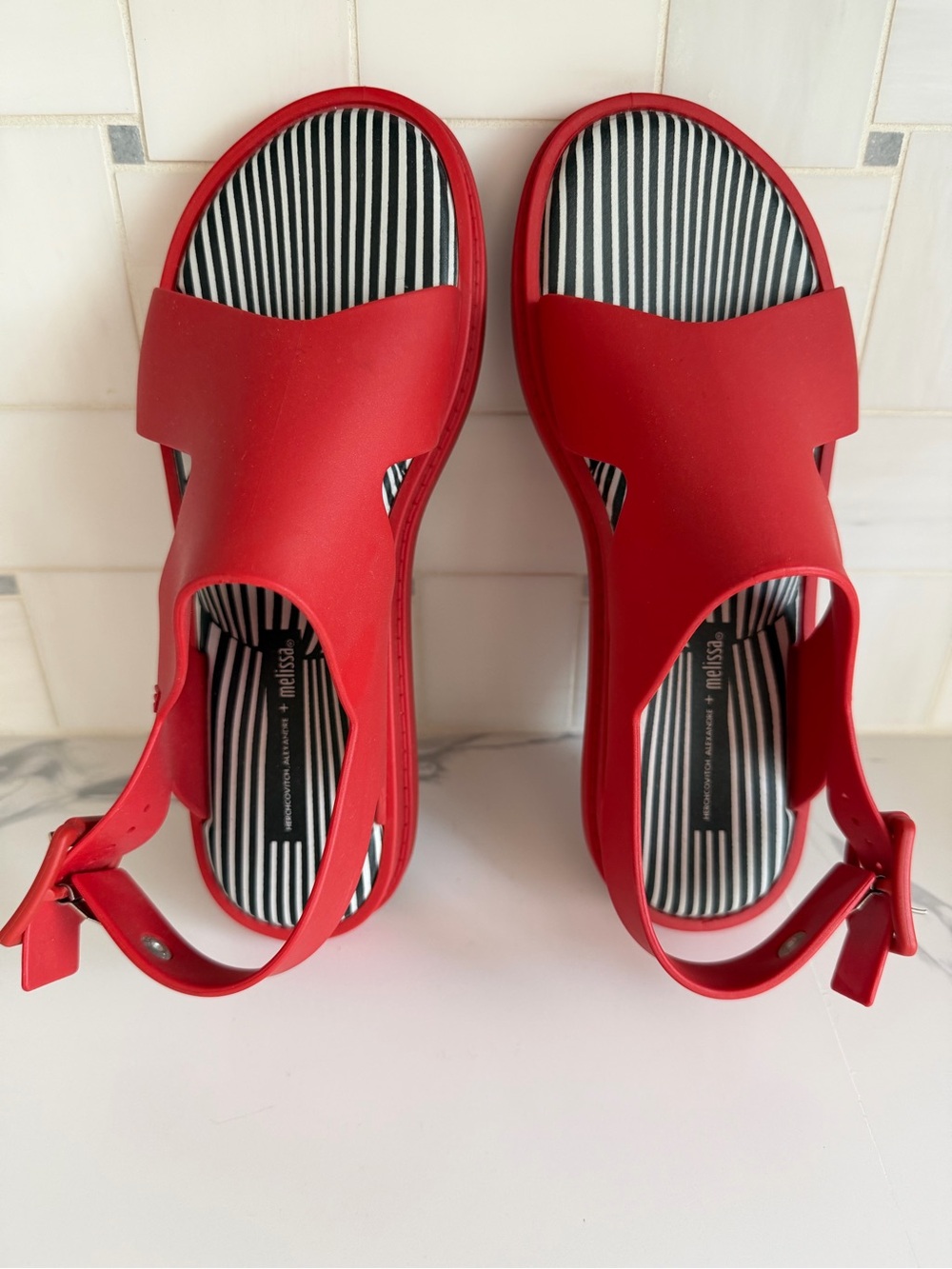 Melissa Red Women's Striped Footbed Slingback Sandals